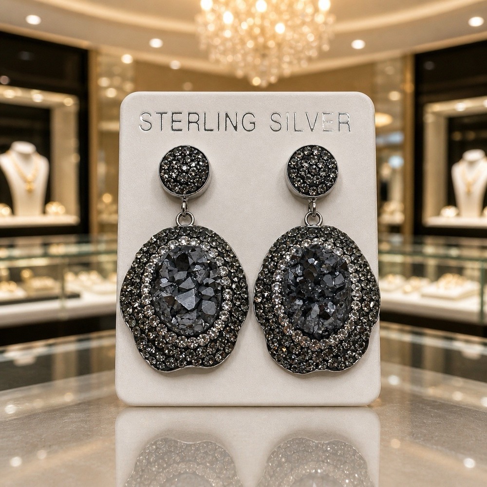 NEW Sterling Silver Druzy Crystal Hang Earrings Special Occasion Luxury Sparkle